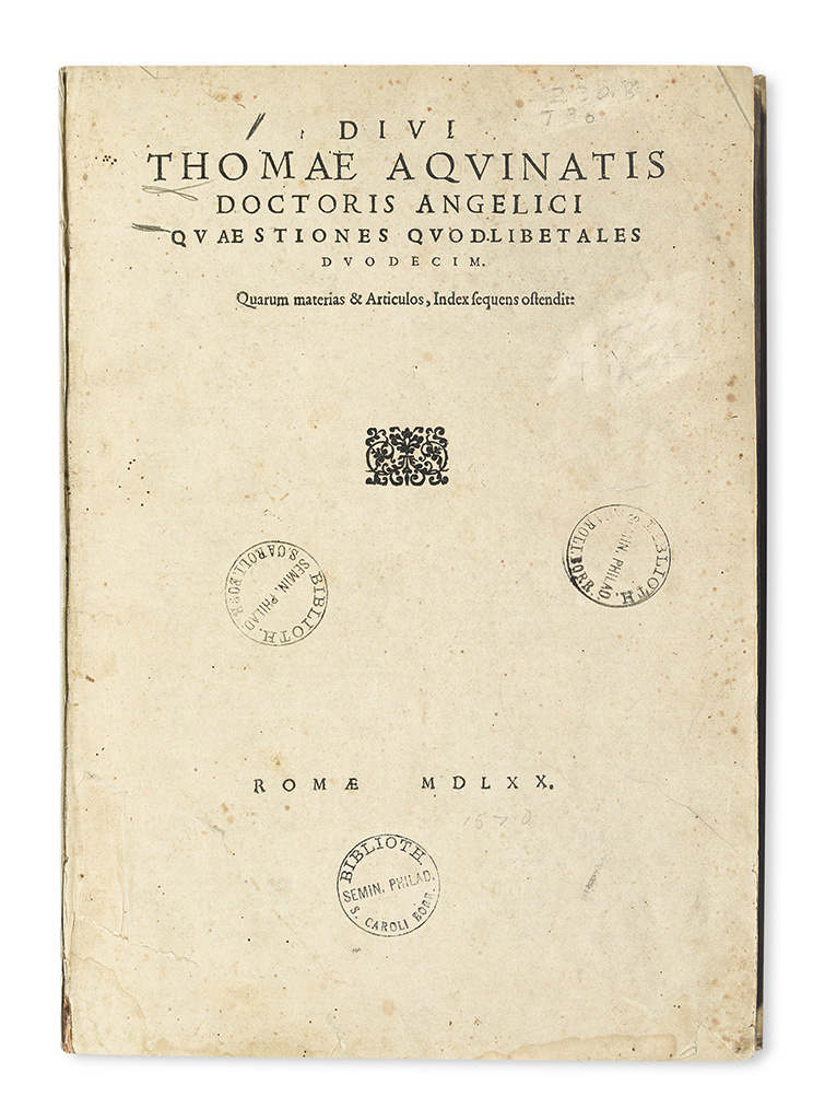THOMAS AQUINAS, Saint. Quaestiones quodlibetales duodecimo. 1570 + AEGIDIUS ROMANUS. In librum Solomonis . . . commentaria. 1555